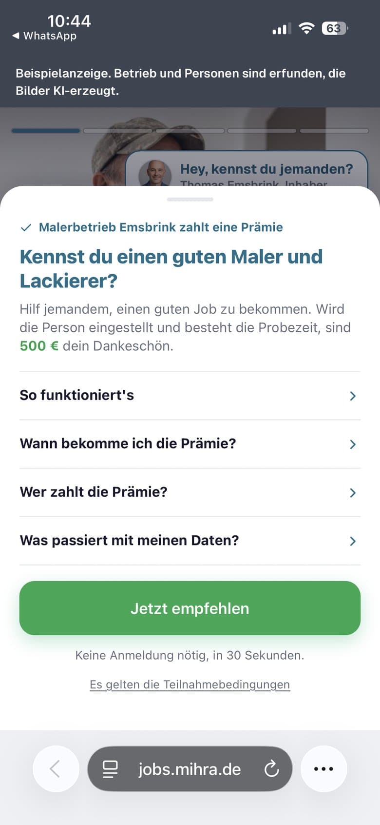 Blatt Jetzt empfehlen: 500 Euro Dankeschön, wenn die Person die Probezeit besteht