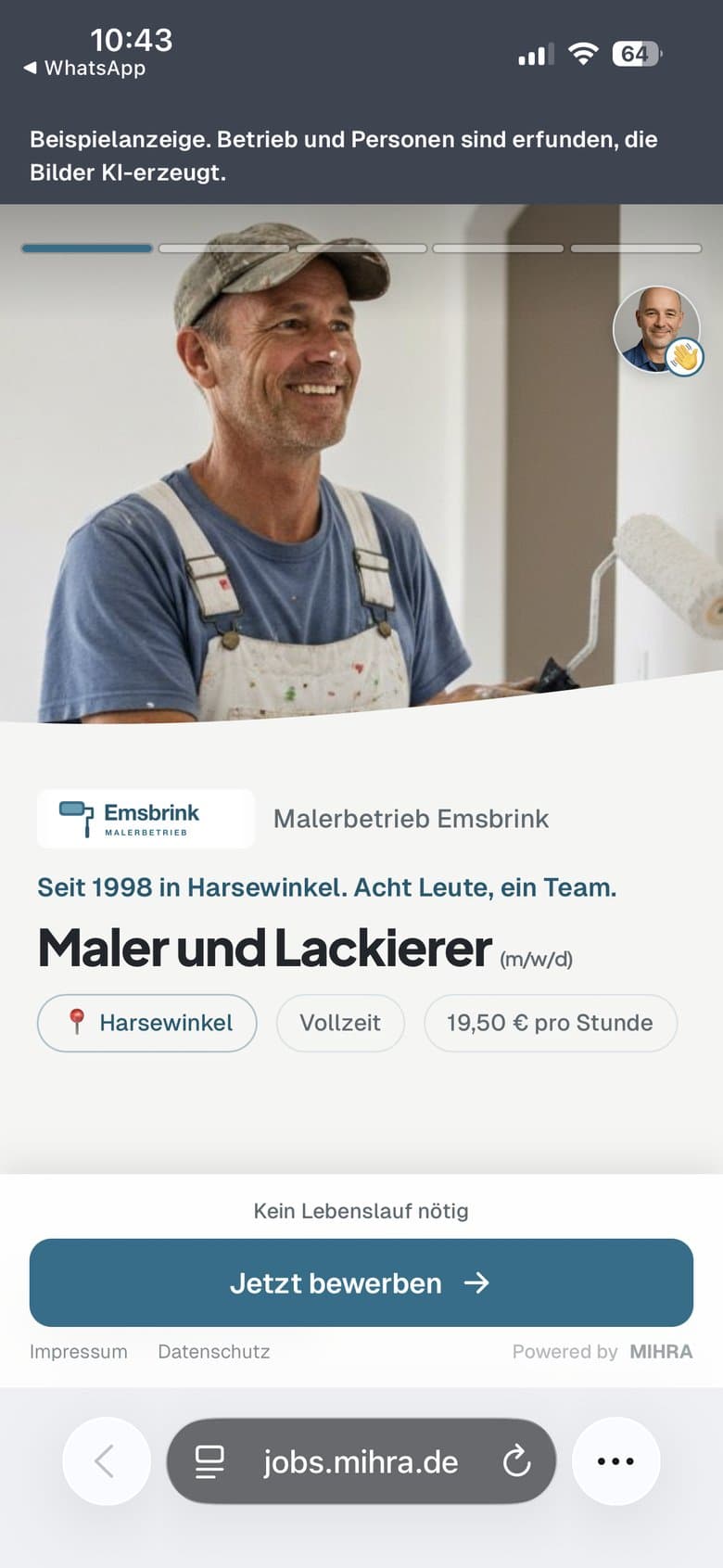 Beispielanzeige eines Malerbetriebs mit dem Knopf Jetzt bewerben