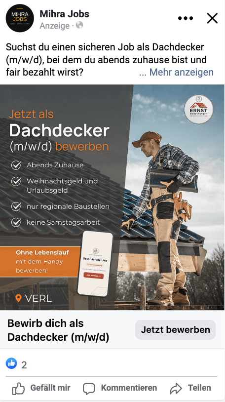 Facebook-Anzeige von Ernst Bedachungen: Jetzt als Dachdecker bewerben
